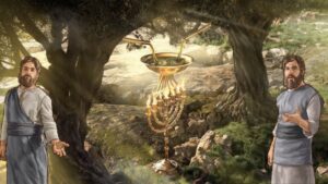 Duas testemunhas representadas por duas oliveiras e um castiçal no centro