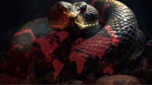 Uma serpente venenosa envolvendo o mapa mundi