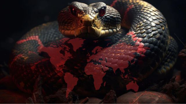 Uma serpente de cores preta e vermelha olhando para a tela