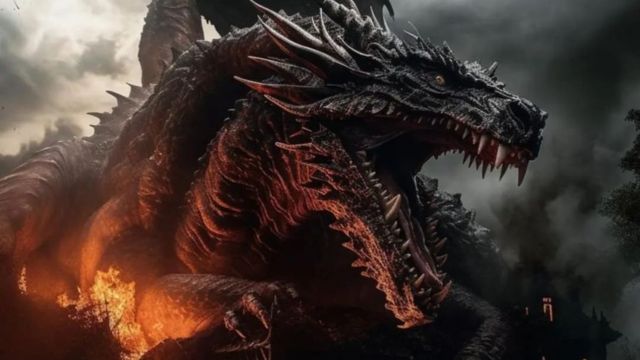 Um terrível dragão simbolizando satanás