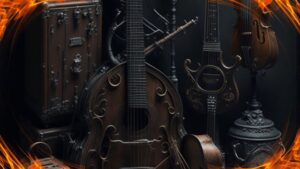 instrumentos musicais antigos em meio a chamas