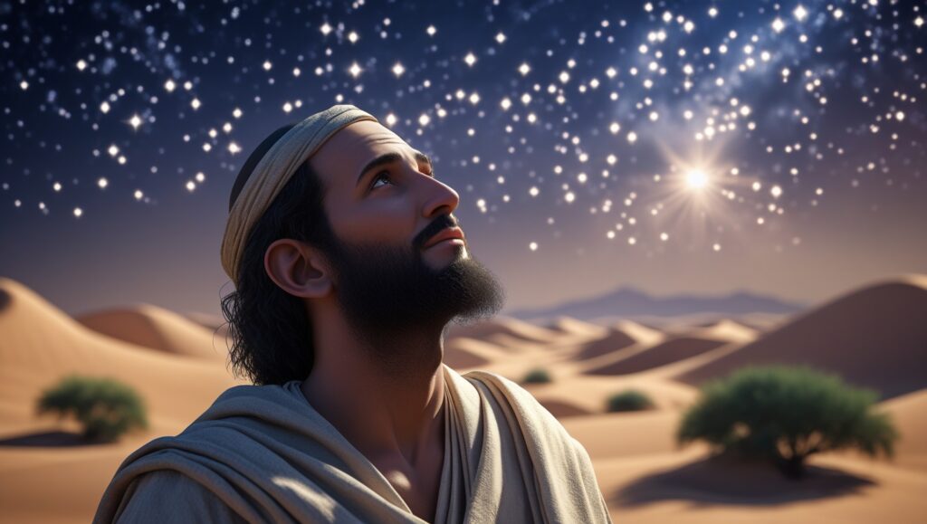 Abraão, Isaque e Jacó sob um céu estrelado, simbolizando as promessas de Deus de descendência, bênçãos e herança eterna