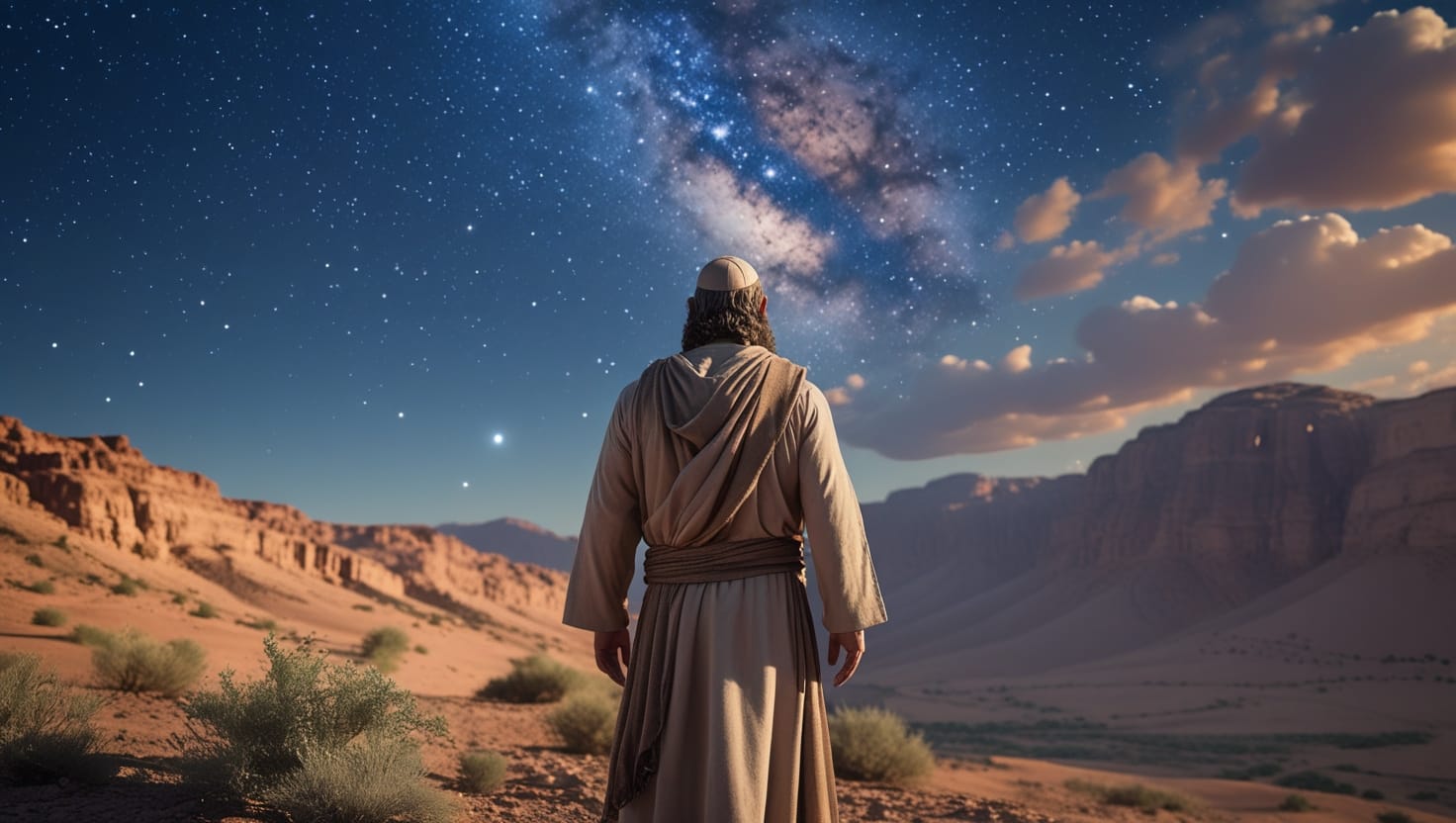 Abraão sob um céu estrelado, representando a promessa de Deus de uma descendência numerosa e bênçãos universais