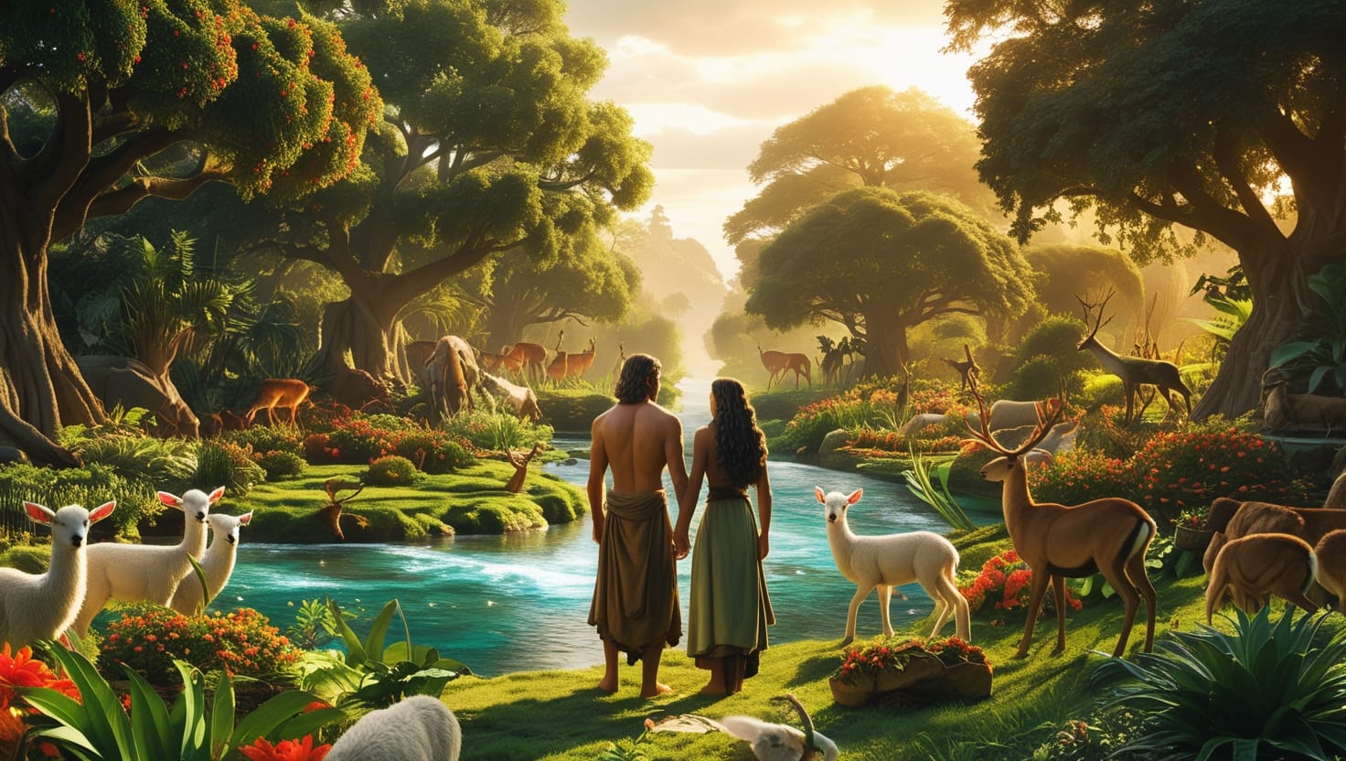 Cena de um jardim bíblico exuberante, com Adão e Eva cuidando da criação, cercados por árvores frutíferas, animais e um rio cristalino, representando a abundância e a responsabilidade dada por Deus.