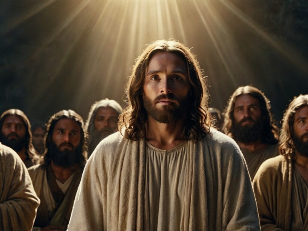 Jesus Cristo envolto em luz divina, com pessoas de todas as nações reunidas ao Seu redor, simbolizando redenção e unidade